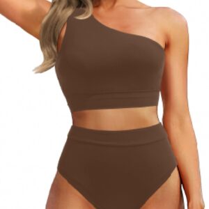 Women One Shoulder High Waisted Bikini Sets Two Piece Swimsuit Tummy Control Bathing Suit Full Coverage Swimwear