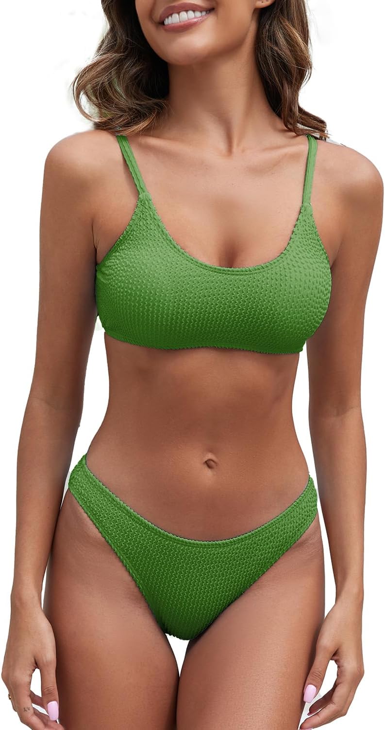 Women's Ribbed Bikini Sets Scoop Neck Cheeky Swimsuit Textured Two Piece Bathing Suit