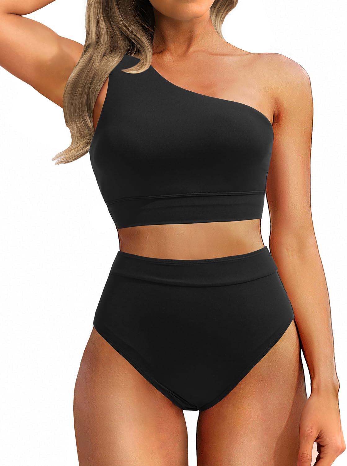 Women One Shoulder High Waisted Bikini Sets Two Piece Swimsuit Tummy Control Bathing Suit Full Coverage Swimwear