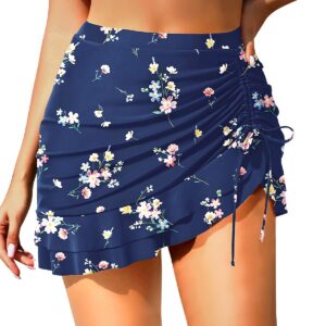 High Waisted Swim Skirt - Women Drawstring Ruched Bathing Suit Bottoms with Built-in Brief