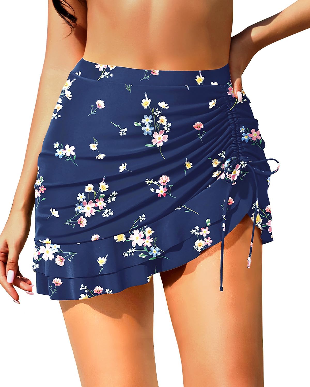 High Waisted Swim Skirt - Women Drawstring Ruched Bathing Suit Bottoms with Built-in Brief