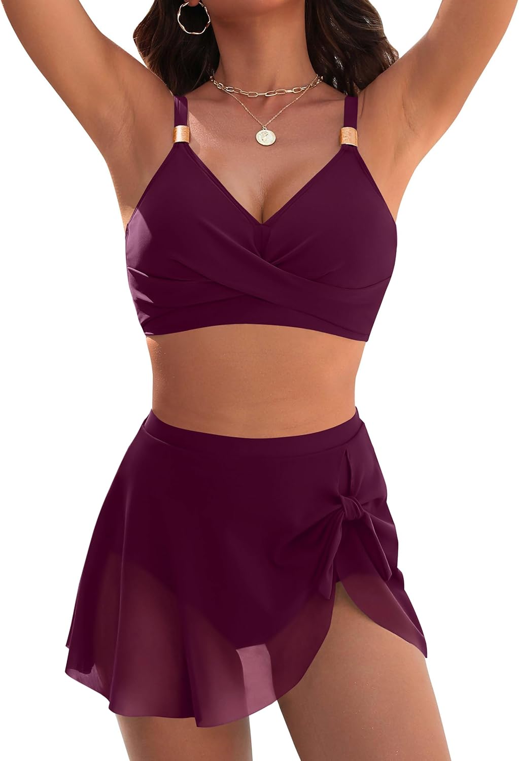 Womens High Waisted Bikini Set Gold Metal Two Piece Swimsuits Tummy Control Tie Knot 2025 Bathing Suits