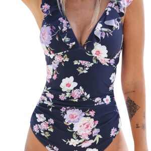 Women's Ruffled One Piece Swimsuit V Neck Lace Up