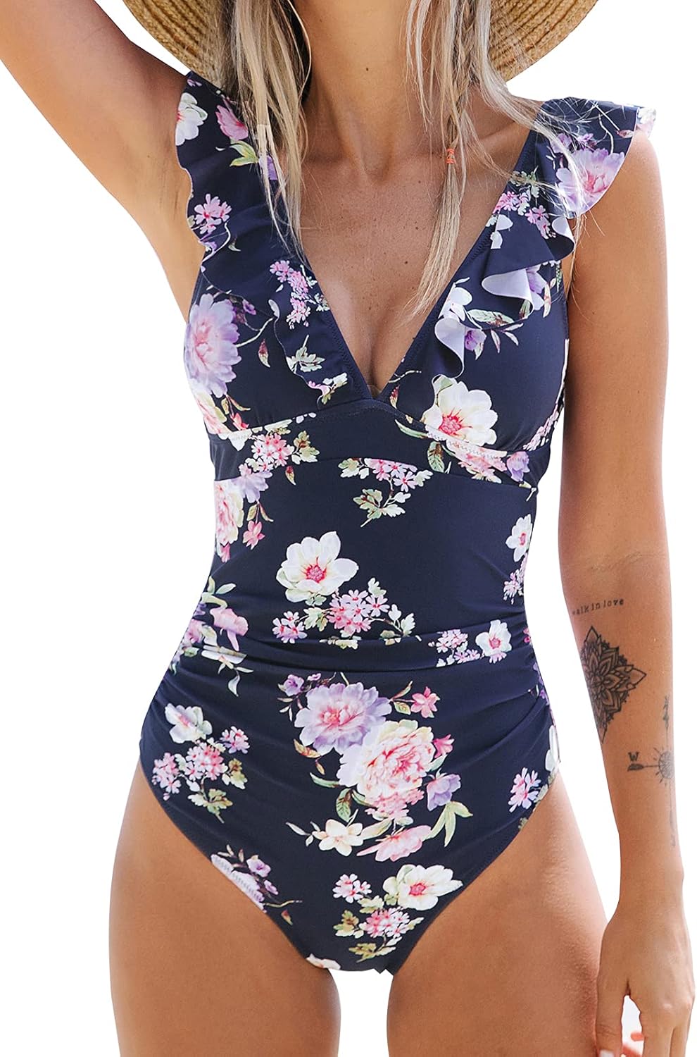 Women's Ruffled One Piece Swimsuit V Neck Lace Up