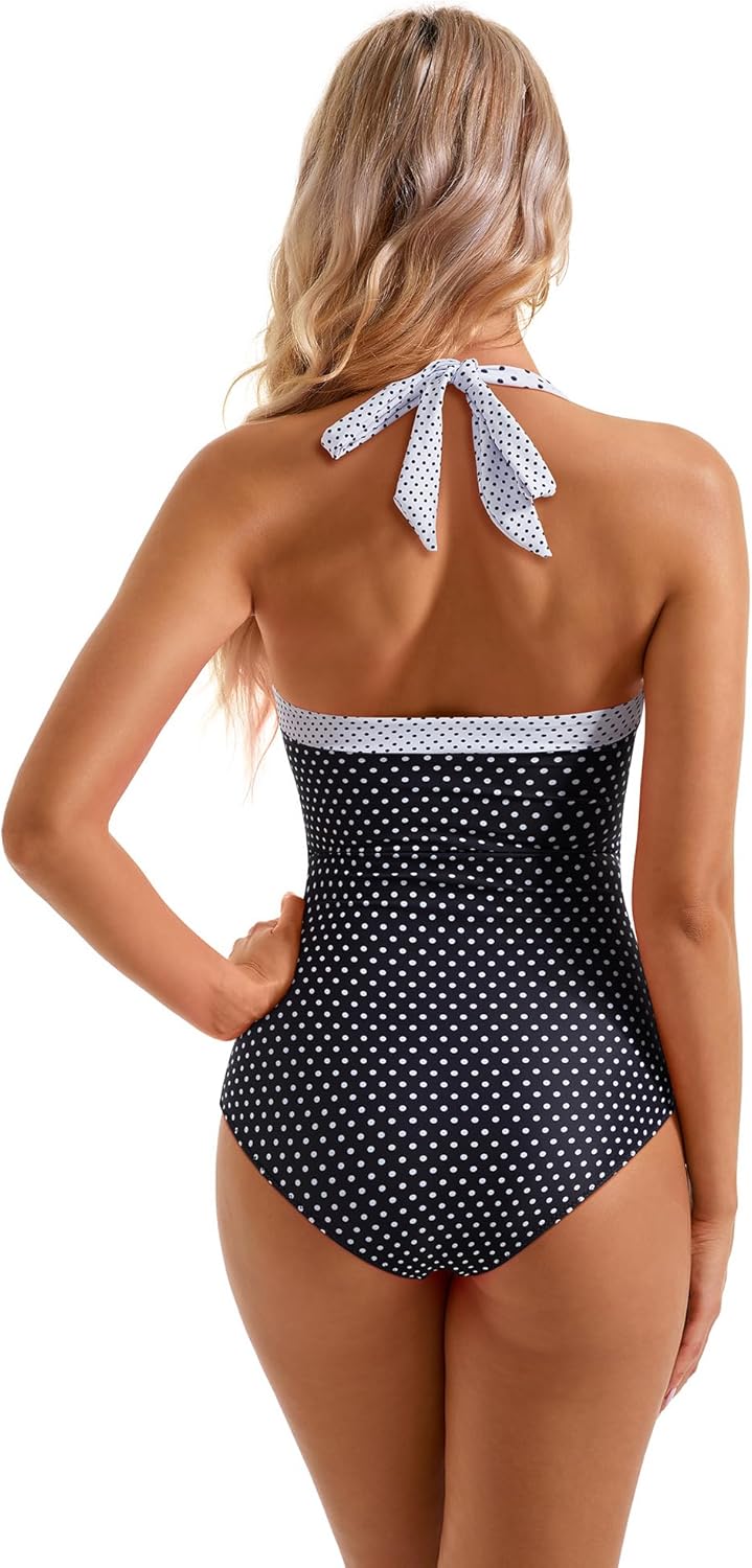 Women Sexy Tummy Control One Piece Swimsuit Halter Retro Bathing Suit - Image 2