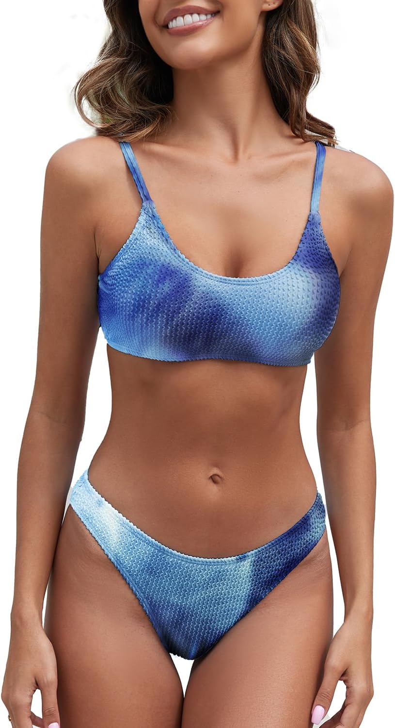 Women's Ribbed Bikini Sets Scoop Neck Cheeky Swimsuit Textured Two Piece Bathing Suit