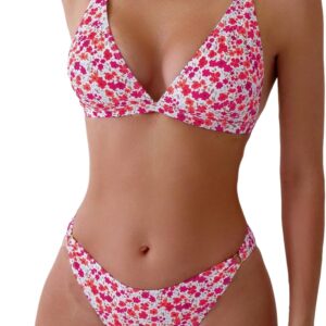 Women 2 Piece Floral Print Swimsuit Triangle String High Cut Bikini Sets Bathing Suit