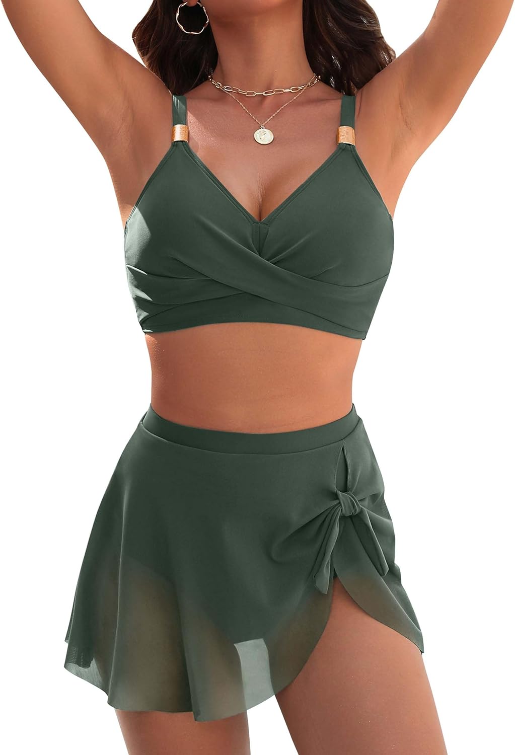 Womens High Waisted Bikini Set Gold Metal Two Piece Swimsuits Tummy Control Tie Knot 2025 Bathing Suits