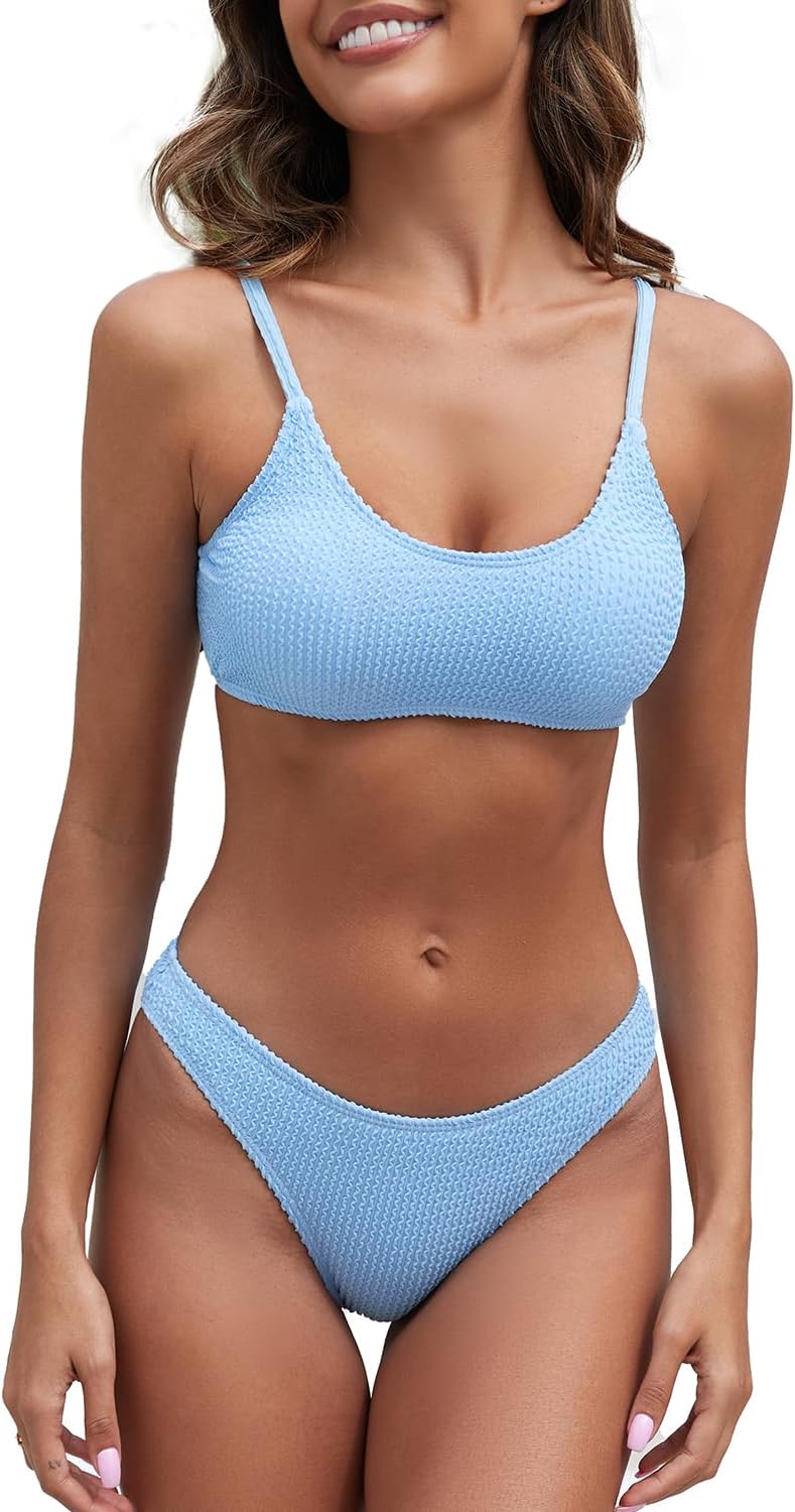 Women's Ribbed Bikini Sets Scoop Neck Cheeky Swimsuit Textured Two Piece Bathing Suit