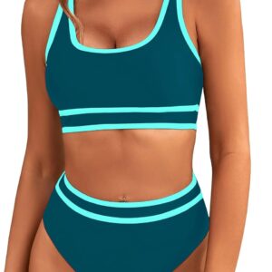 Women's High Waisted Bikini Sets Sporty Two Piece Swimsuits Color Block Cheeky High Cut Bathing Suits