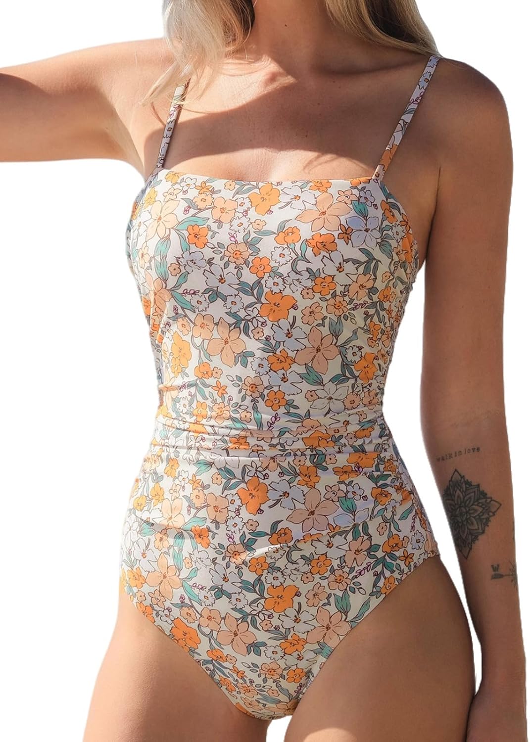 Women Swimsuit One Piece Bathing Suit Square Neck Cutout Back Tummy Control with Adjustable Spaghetti Straps