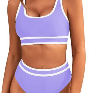 Women's High Waisted Bikini Sets Sporty Two Piece Swimsuits Color Block Cheeky High Cut Bathing Suits