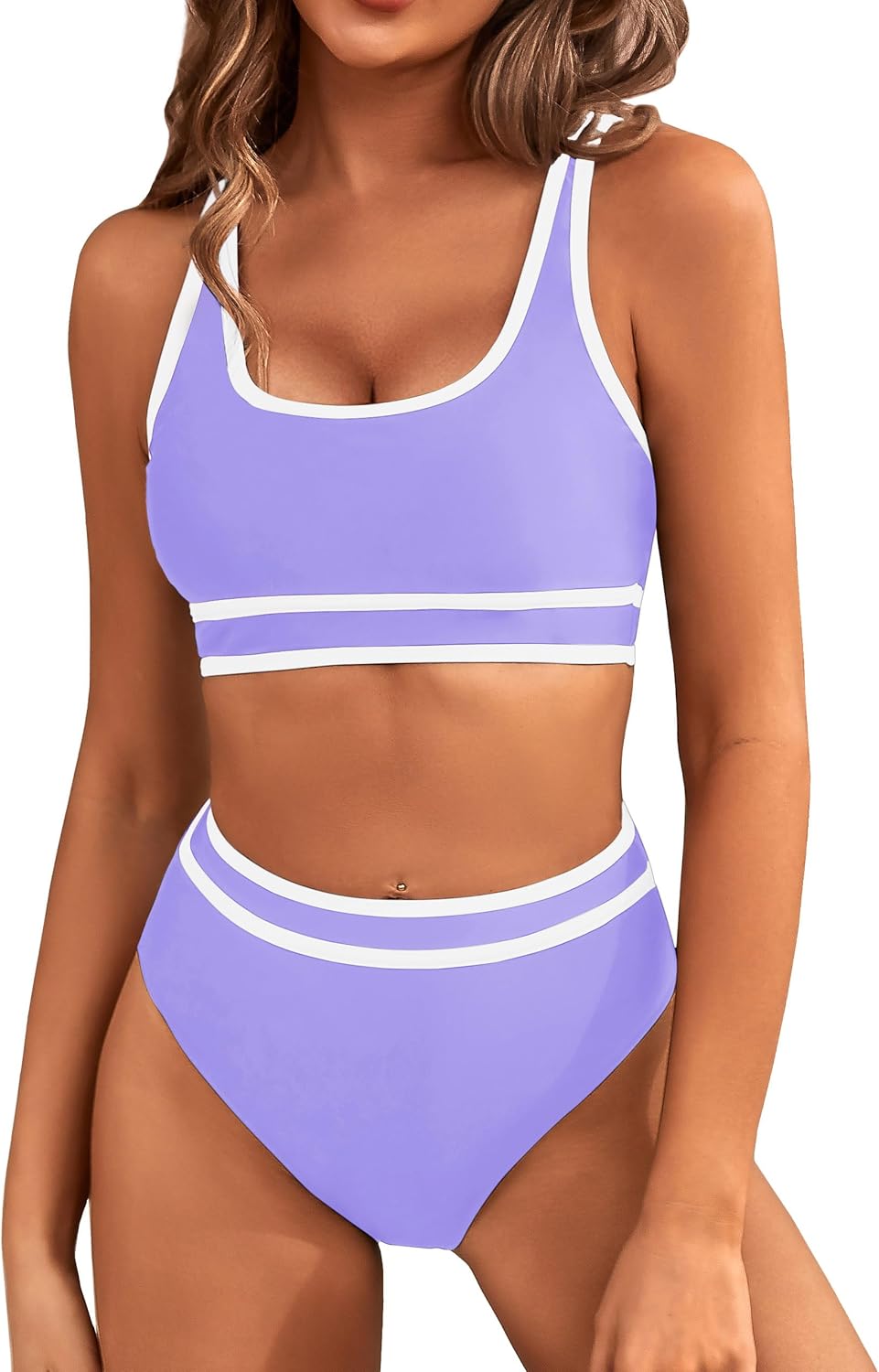 Women's High Waisted Bikini Sets Sporty Two Piece Swimsuits Color Block Cheeky High Cut Bathing Suits