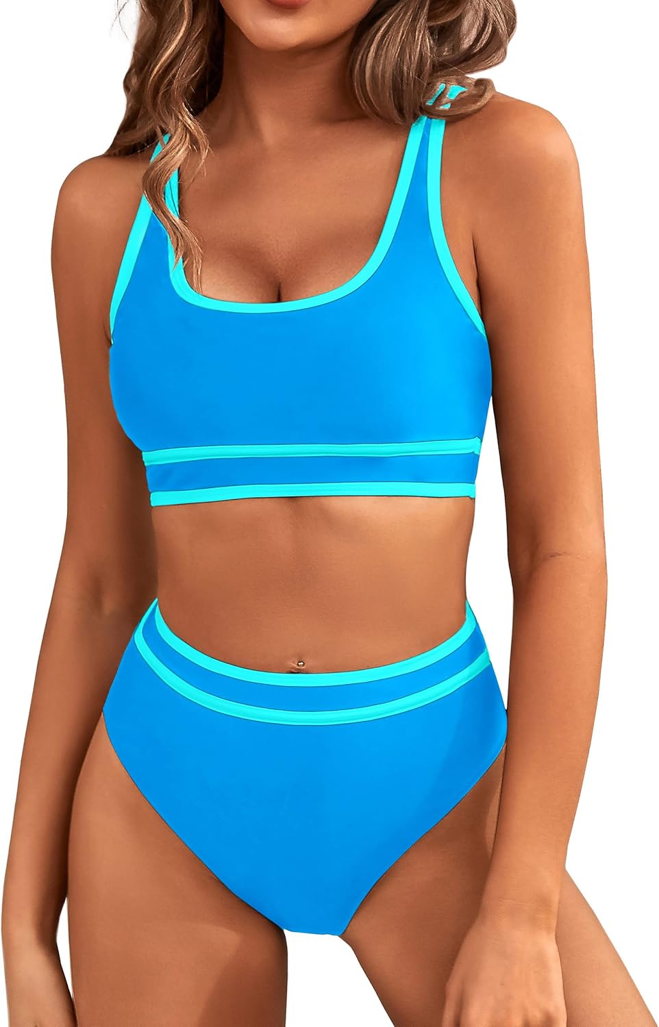 Women's High Waisted Bikini Sets Sporty Two Piece Swimsuits Color Block Cheeky High Cut Bathing Suits