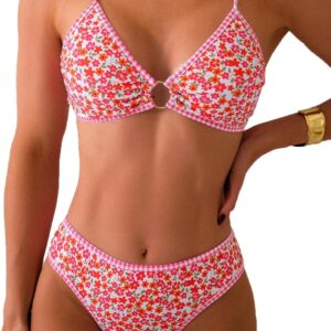 Women's Triangle Bikini Sets O Ring Linked Two Piece Swimsuits Floral Printed Cheeky Bathing Suit