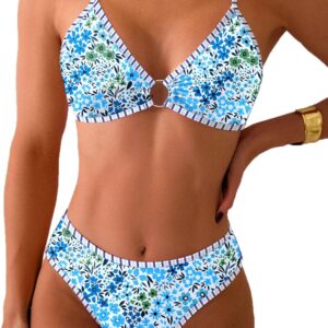 Women's Triangle Bikini Sets O Ring Linked Two Piece Swimsuits Floral Printed Cheeky Bathing Suit